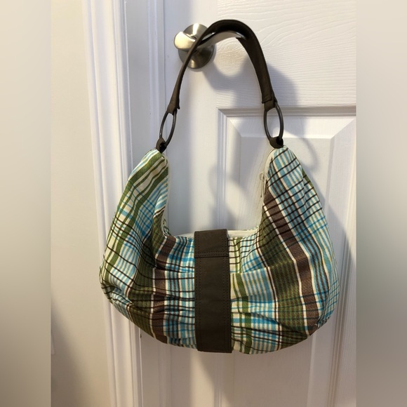 Spacious boutique shoulder bag. Green, blue, white and brown plaid pattern. - Picture 2 of 3